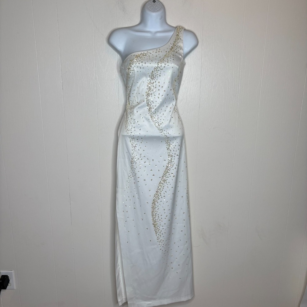 VTG Y2K Rampage One-Shoulder Gown Dress 5 White Sequins Old Hollywood Prom Galas